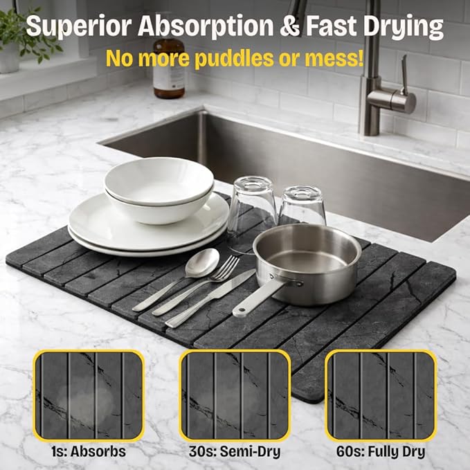 Large Stone Dish Drying Mat for Kitchen Counter, 24"×16" Foldable Fast Drying Diatomaceous Earth Mat, Super Absorbent Stone Drying Pad for Dishes, Cups, Bottles (Grey Marble)