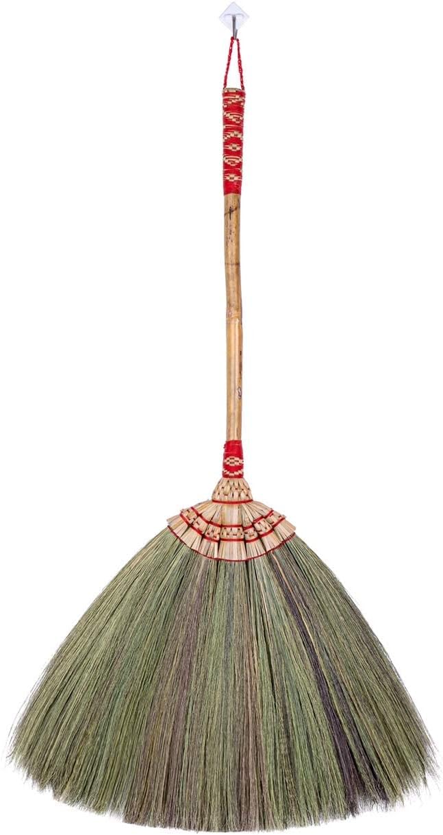 (Tiny Size) 23 inch Overall Tall x 16 inch Width of Asian Hand Broom Tiny Whisk Broom Bamboo Stick with Embroidery Woven Nylon Thread top and Bottom Handle Red or Green Color on Random