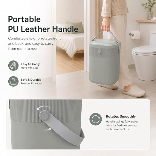 WM-DZT-12-36S Smart Motion Sensor Trash Can, Ultra-Quiet Soft-Close | Long Battery Life | Built-in Bag Storage & Portable PU Handle (Greyish Green)