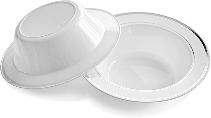 " OCCASIONS " 40 Piece Plates Pack, Heavyweight Disposable Wedding Party Plastic Bowls (6 oz Dessert Bowls, White & Silver Rim)