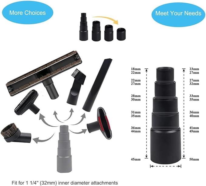 11 PCS Vacuum Accessories for Shop Vac Attachment, 2 1/2" to 1 1/4" and 1 7/8" to 1" Hose Adapter for Shop Vac, 1 1/4" 360 Degrees Swivel Vacuum Hard Floor Brush Flexible Crevice Tool