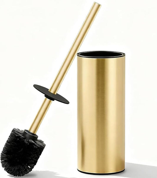Toilet Brush and Holder Set, NEWRAIN 304 Stainless Steel Toilet Brush with Long Brush Handle, Brushed Gold Toilet Scrubber and Covered Holder, Round Design Sturdy and Space Saving, Covered Brush