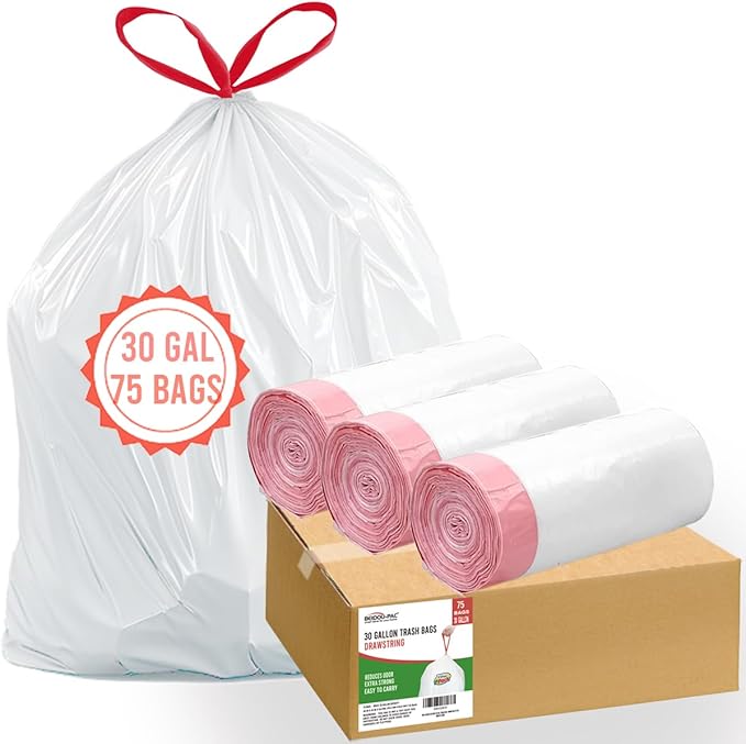 BEIDOU-PAC 30 Gallon Trash Bags Drawstring, 75 Count, White & Unscented, Multi-purpose Garbage Bags Can Liners for Business Home Kitchen Commercial and Industrial