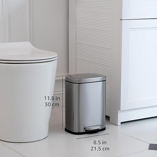 Amazon Basics Smudge Resistant Mini Rectangular Trash Can with Soft-Close Lid, Foot Pedal, Removable Inner Bucket, 5L/1.32 Gal, Brushed Stainless Steel, for Bathroom & Small Space, Satin Nickel Finish