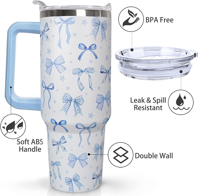 Ceovfoi 40 Oz Blue Bow Tumbler With Handle, Blue Bow Decor Coffee Travel Mug Cup Water Bottle, Gifts for Women Girls