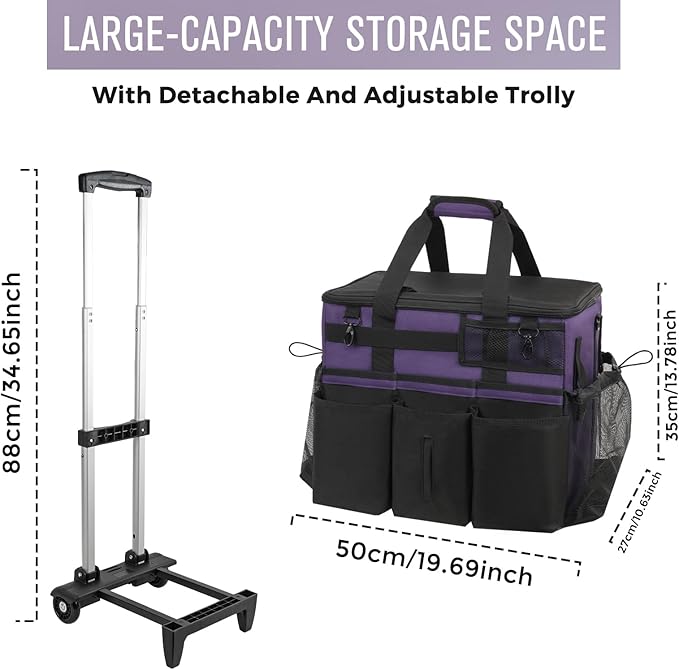 SCAVATA Rolling Cleaning Caddy Bag with Detachable Trolley, Large Cleaning Supplies Organizer with Wheels, Multi Pocket Cleaning Cart with Adjustable Shoulder Strap for Housekeeper & Home, GrapePurple
