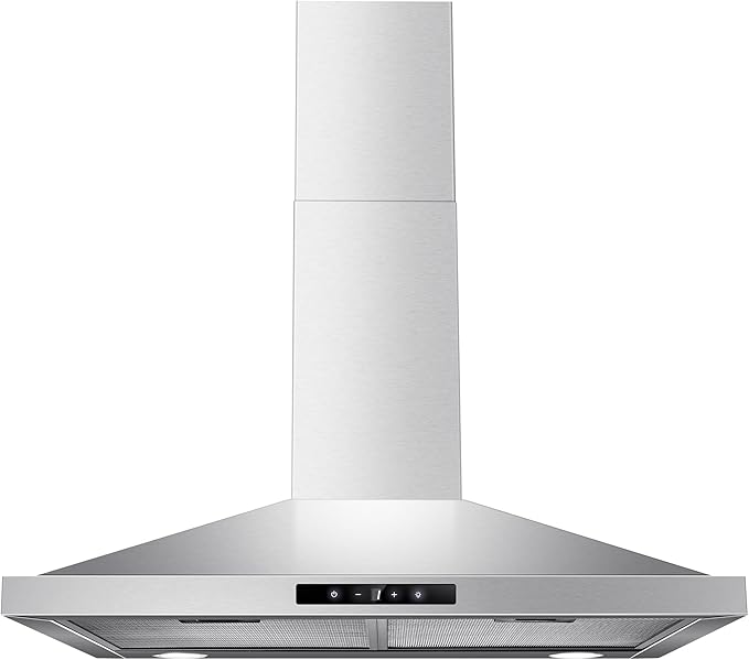 Tieasy Range Hood 30 inch Wall Mount, Kitchen Vent Hood 450 CFM in Stainless Steel, Stove Vent Hood with Ducted Convertible Ductless, Touch Switch, LEDs Light, 3-Speed Fan, Aluminum Filters