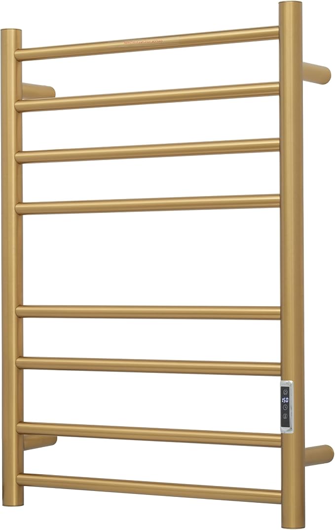 Electric Heated Towel Warmer - Wall Mounted Bathroom Towel Rack, Plug-in Design & Gold Brushed Stainless Steel Finish 8 Bar Gold with Timer & Temperature Control
