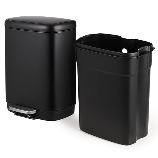 12L Bathroom Trash Can with Lid, Stainless Steel Kitchen Trash Can with Odor-Protective Lid | Hands-Free, with Foot Pedal and Trash Bag Ring, Removable Inner Bin, Suitable for Bathrooms, Black