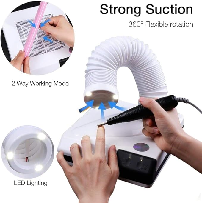 BONEW Global 60W 2 in 1 Powerful Mini Desktop Vacuum Cleaner Instrument Dust Collector Extract Mobile Suction Lab Nail Art Salon Manicure Dust Polishing Clean Tool