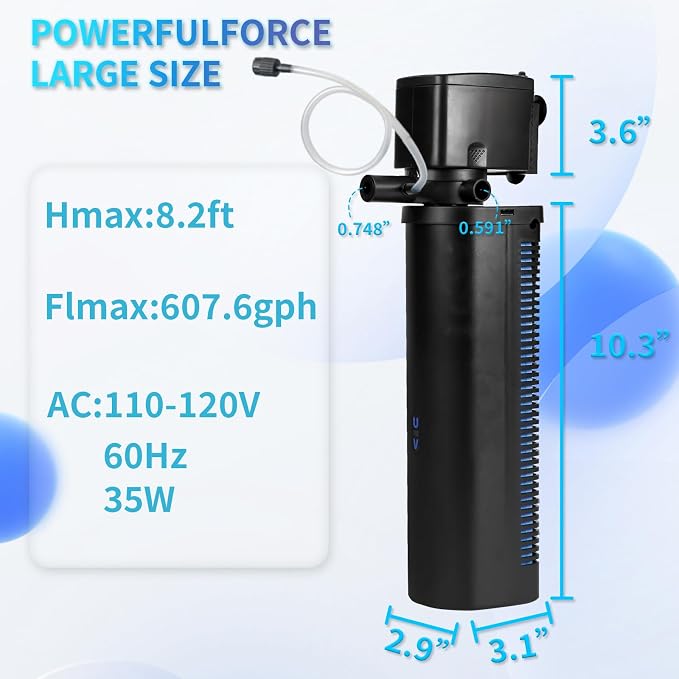 Hypool Aquarium Filter U-V 600GPH for Large 100-500 Gallon Fish Tank Cold Plunge Tub Small Pool Pond Filter Pleated Water Polishing Media, Green Clean Machine Deodorization for Saltwater Freshwater