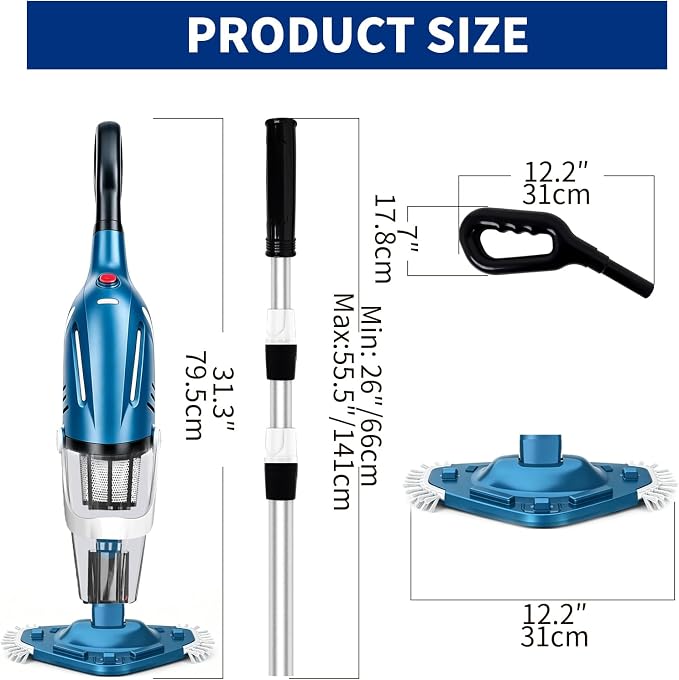 YASHINE Cordless Pool Vacuum Cleaner, Rechargeable, Handheld Pool Vacuum for Above Ground and Inground Pools, spa hot tub 18.5 GPM Suction 80 Min Run Time