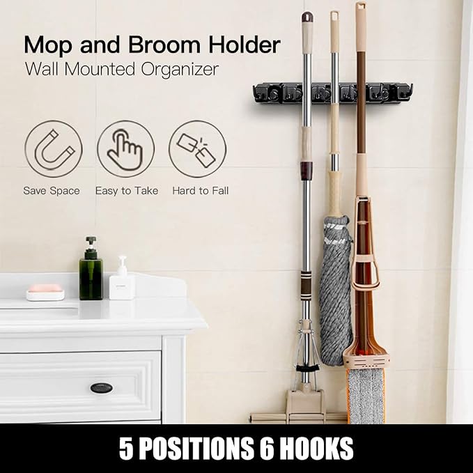 IMILLET 2 PACK Plastic Mop and Broom Holder and 2 PACK Stainless Steel Broom Holder