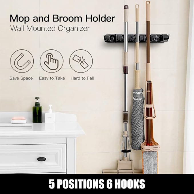 IMILLET Plastic Mop and Broom Holder 2Pack, Stainless Steel Broom Holder 1 Pack Black