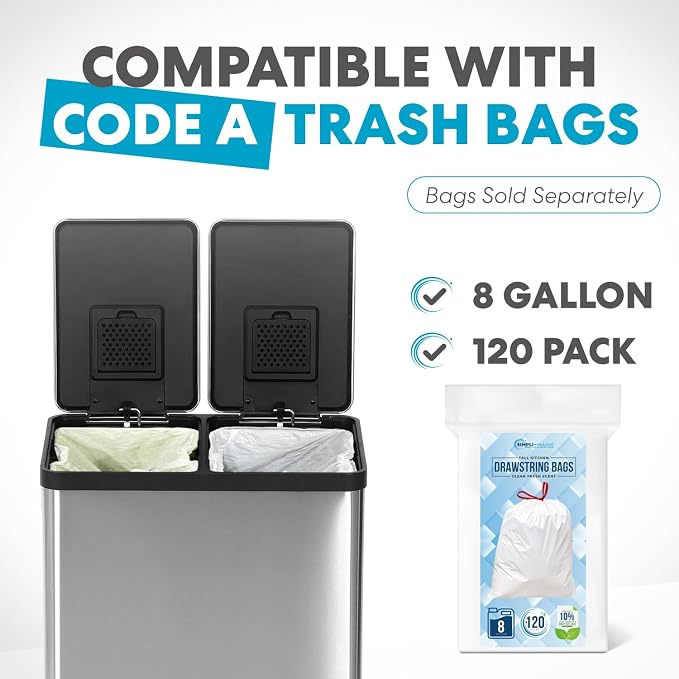 Simpli-Magic 16 Gallon (60L) Dual Compartment Step Trash Can – Kitchen Garbage Can with Waste & Recycling Bins – Slow-Close Lid, Odor Control, Hands-Free, Inner Bases, Premium Stainless Steel