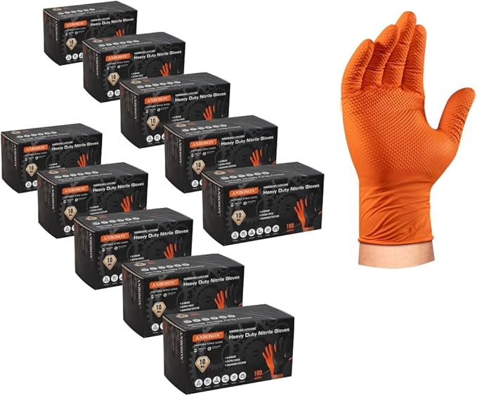 ANBOSON 10 Mil Nitrile Disposable Gloves Heavy Duty Mechanic Gloves Raised Diamond Texture Thick (Orange of 1000,Medium)