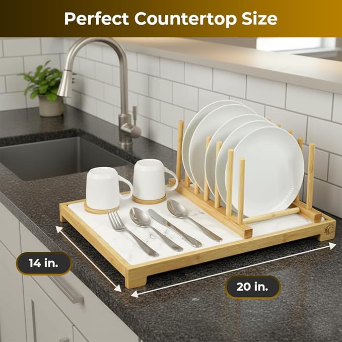 Premium Dish Drying Stone for Kitchen Counter 20” x 14” | Fast Absorbing Stone Drying Mat with Bamboo Dish Rack | Dish Drying Mat Plus Bamboo Set