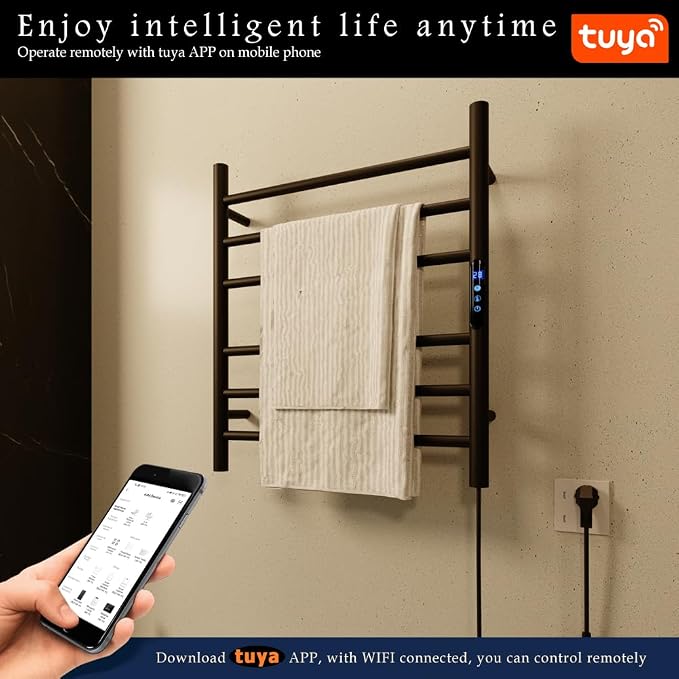 KWW Heated Towel Rack, Remote Control with APP Tuya, Towel Warmer with Timer, Wall Mounted Hot Towel Warmer for Bathroom (Matte Black, 5 Bars)