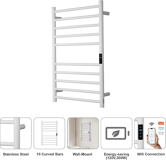 Electric Towel Rack with Voice Control for Alexa & Google Home,TUYA-Wall-Mounted Bathroom Heating Towel Warmer,Stainless Steel Material,31.5x20.08x4.41in,Plug-in,White,10 Bars