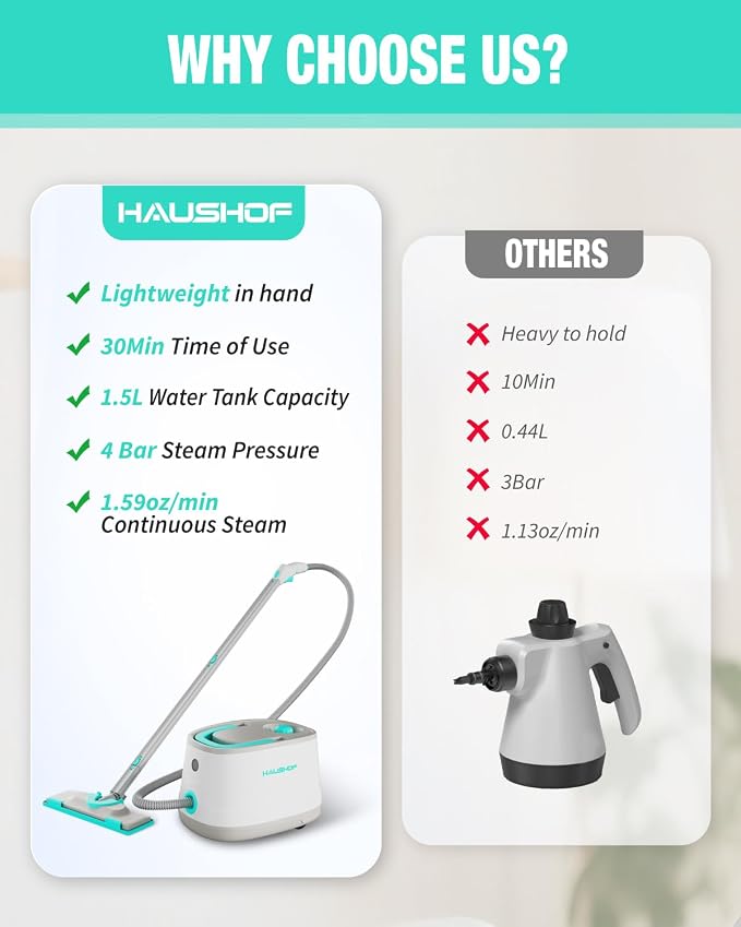 HAUSHOF 1500W Steam Cleaner, 4-Bar Pressurized Portable Steamer with 1.5L Large Tank, Wheels and 16 Accessories, Multi-Purpose Steam Cleaner for Car Detailing, Floors, Tile, Grout & Grease