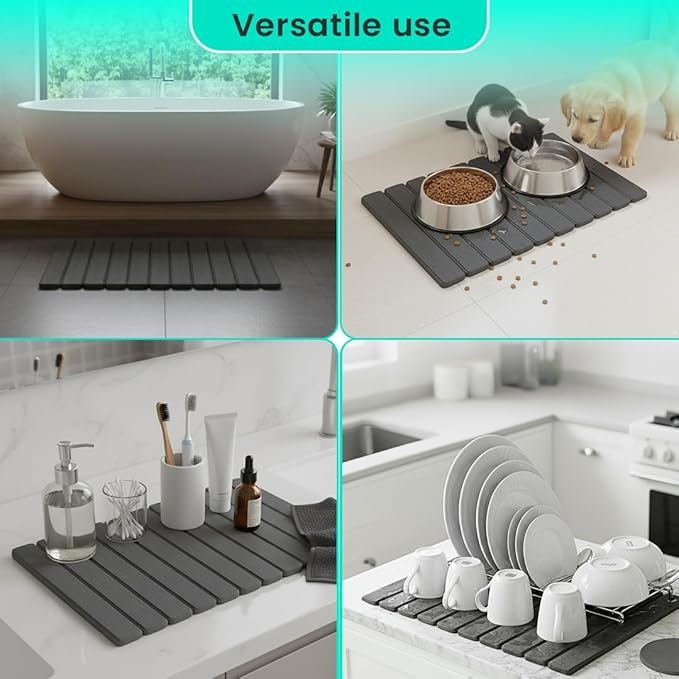 Stone Dish Drying Mat For Kitchen Counter - Fast-Drying 24"(L)×16"(W) Collapsable Diatomaceous Mat With Four Matching Stone Coasters - Versatile Stone Drying Mat for Cups, Dishes, Bottles