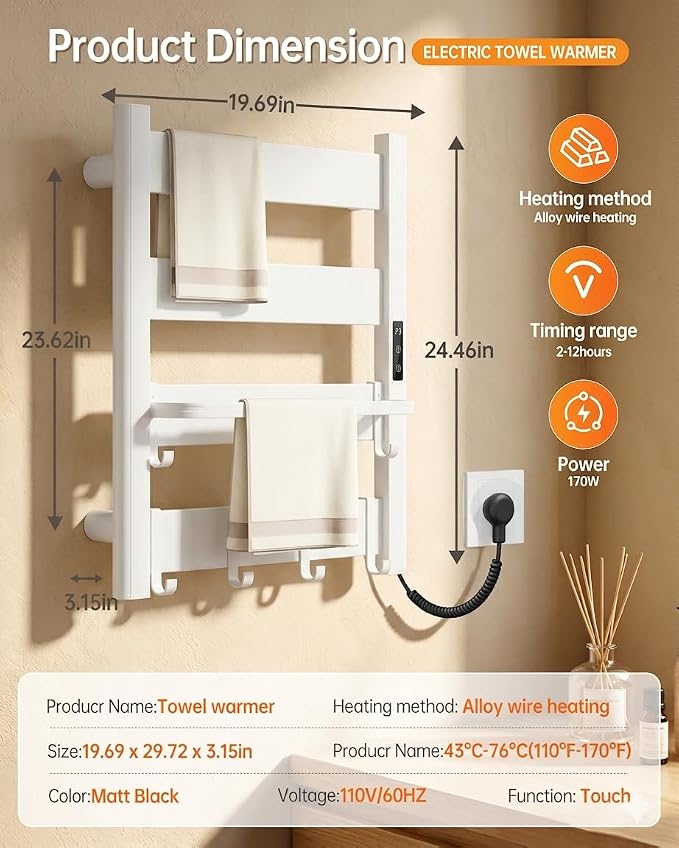 4-Bar Heated Towel Rack for Bathroom with Shelf and Hooks, Wall Mounted Plug-in Electric Towel Warmer, Fast PTC Heating in 6 Minutes, 3 Temperature Levels & 6 Timer Settings, Matte White