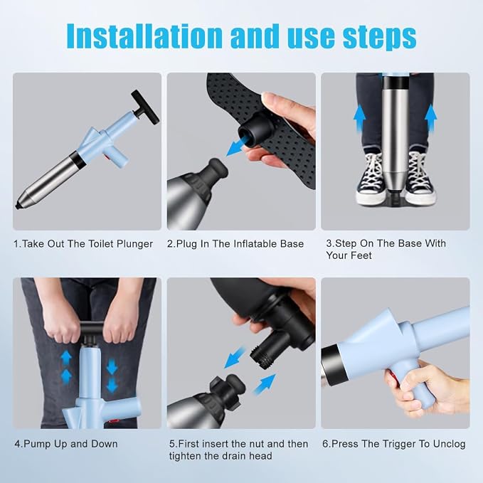High Pressure Toilet Plunger Heavy Duty Air Drain Blaster with Real-Time Barometer Multi-Drain Clog Remover for Toilets, Sinks, Tubs & Pipes - Fast, Effective Unclogging Tool (Blue)