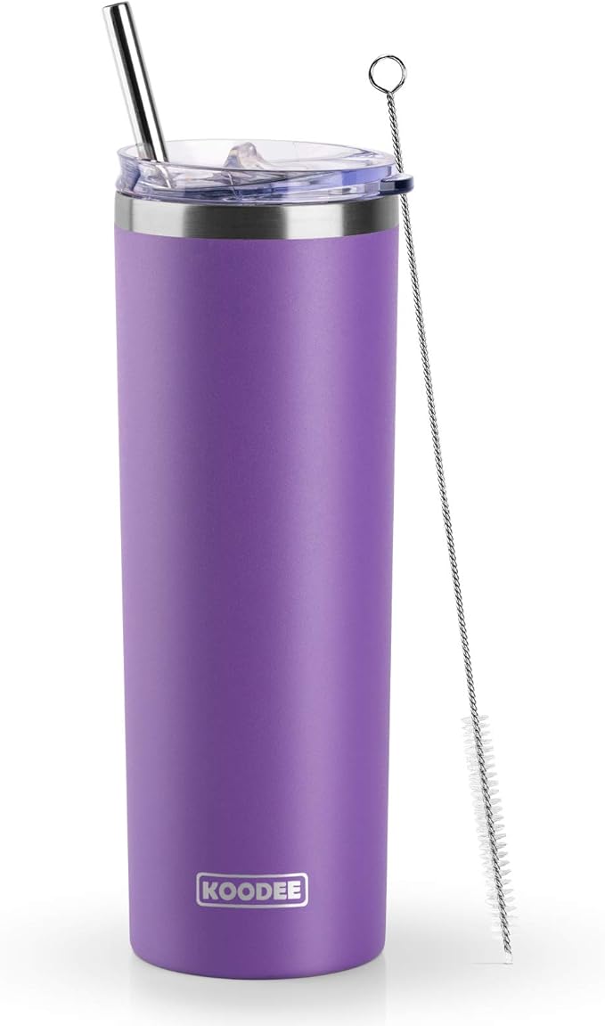 koodee 20 oz Skinny Tumbler with Straw, Stainless Steel Double Wall Insulated Slim Tumbler for Women/Men Diy Birthday Gift (Purple)