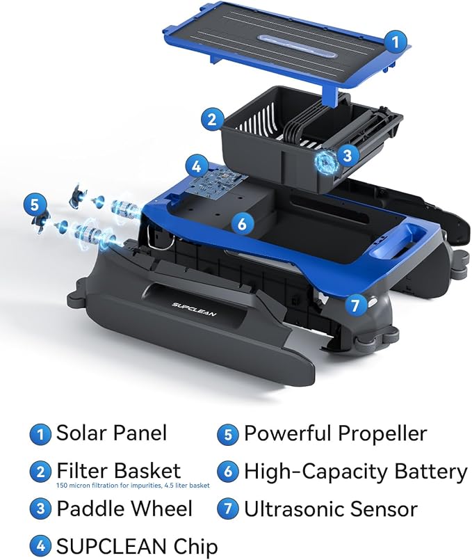 24/7 Solar Powered Pool Skimmer Robot with APP Support, Automatic Electric Floating Surface Cleaner for Above Ground & Inground Pools, Auto Robotic Pool Skimmer Bluetooth Control（Blue）