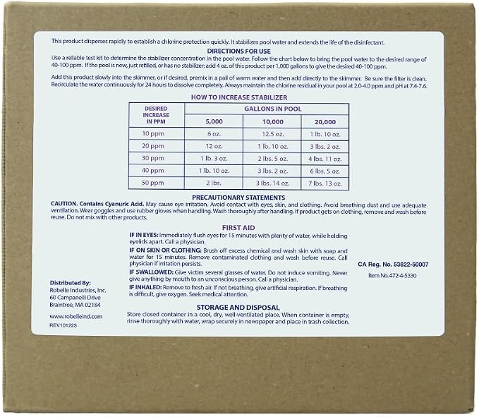 Robelle 12-Pounds Premium Chlorine Stabilizer and Conditioner, Concentrated Cyanuric Acid for Pools, Pool Stabilizer, Helps Chlorine Last Longer