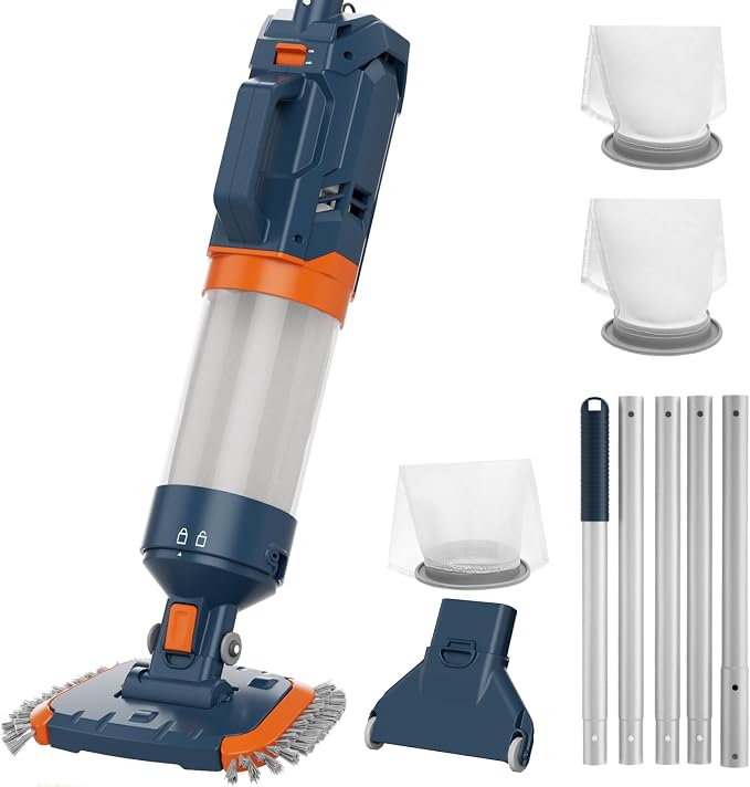 Cordless Pool Vacuum-25 Micron Fluff Ultra Fine Filter, 98inch,True Powerful Suction 18.9GPM,1H Runtime, Handheld Rechargeable Hot Tub Cleaner with Poles for Above Ground&Inground Pool