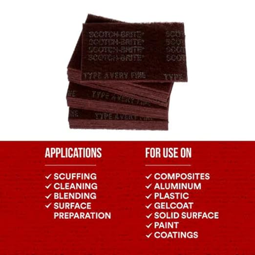3M Scotch-Brite 7447 General Purpose Hand Pads, Very Fine Grade, 6” x 9” Maroon Abrasive Pads (Aluminum Oxide, Pack of 20)