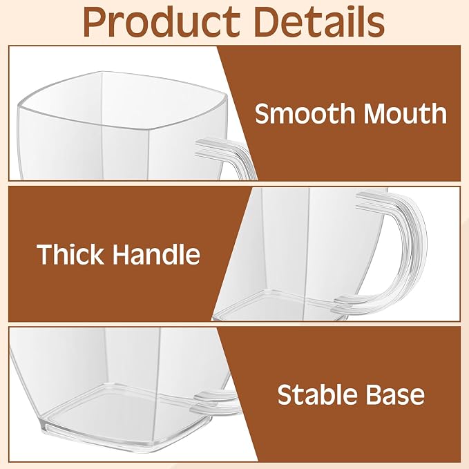 Amyhill 50 Pcs 5 oz Disposable Tea Cups Bulk with Handle Mini Hard Plastic Coffee Mug Square Disposable Espresso Cups for Tea Party Wedding Catering Dessert Sampling (Clear)
