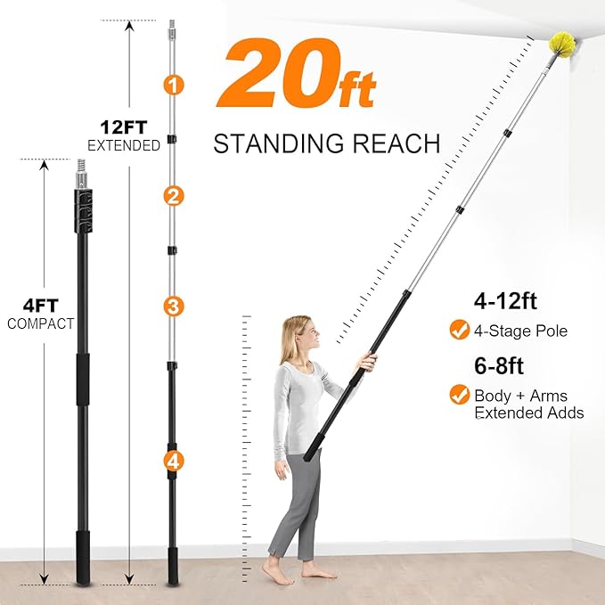 ARTIPOLY 4-12ft Cobweb Duster with Extension Pole, 20 Foot High Reach Feather Dusters with Bristles for Cleaning Outdoor Indoor, 4-Stage Spider Web Remover with Telescopic Pole for Ceiling Wall Yellow