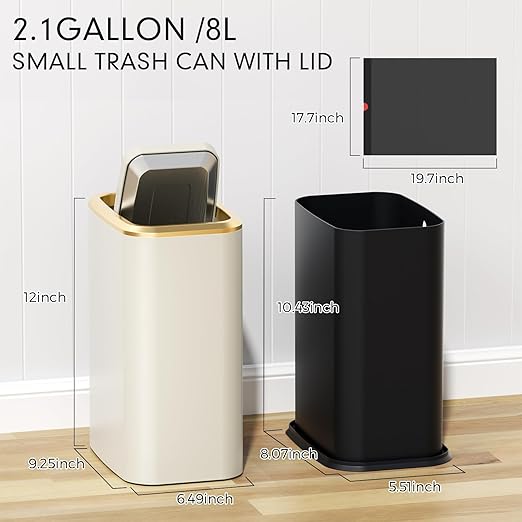 Bathroom Trash Can with Lid 8L/2.1 Gallon Beige Trash Can Small Garbage Can with Swing Top Lid Slim Stainless Steel Garbage Can with 100 Counts Trash Bags for Bathroom Bedroom Kitchen Office Toilet