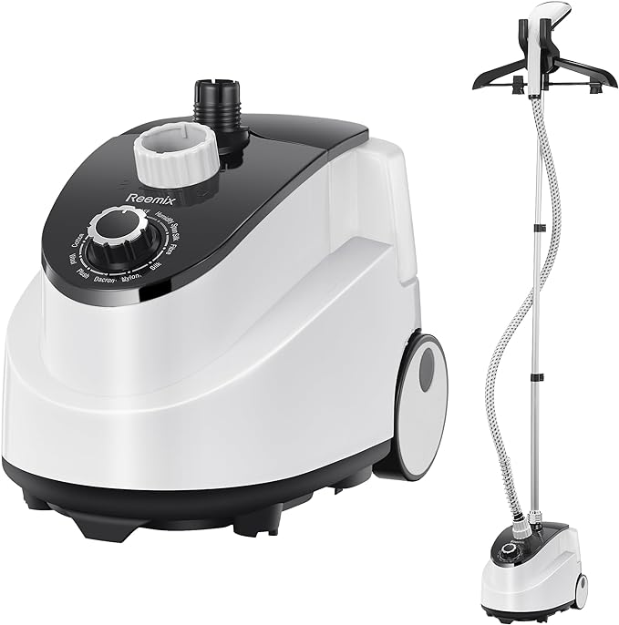 Professional Steamer for Clothes, Reemix Standing Steamer with Garment Hanger, Heats in 30 Seconds, Large Detachable Water Tank for 1 Hour Continuous Steaming, Includes Easy-roll Wheels, White