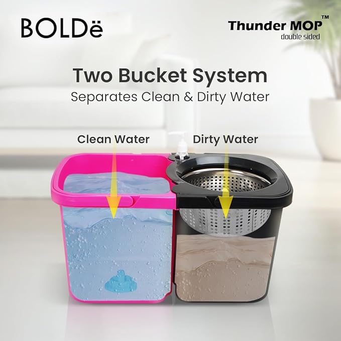 Thunder Mop Spin System - Double-Sided - 2 Compact Stackable 6L Buckets, Microfiber Head, Stainless Steel Wringer, Antifungal Quick-Dry Cleaning, Soap Dispenser, 3 Free Refills (Black/Grey)
