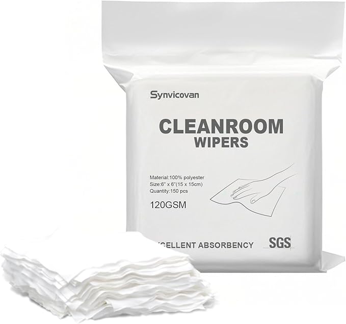 Cleanroom Wipers 6"x6"(150 Pcs, 100% Polyester, Class 100, 120GSM) Double Knit 100% Lint Free Cloths with Ultra-fine Filaments, Laser Sealed Edge Ultra-Soft Wipers