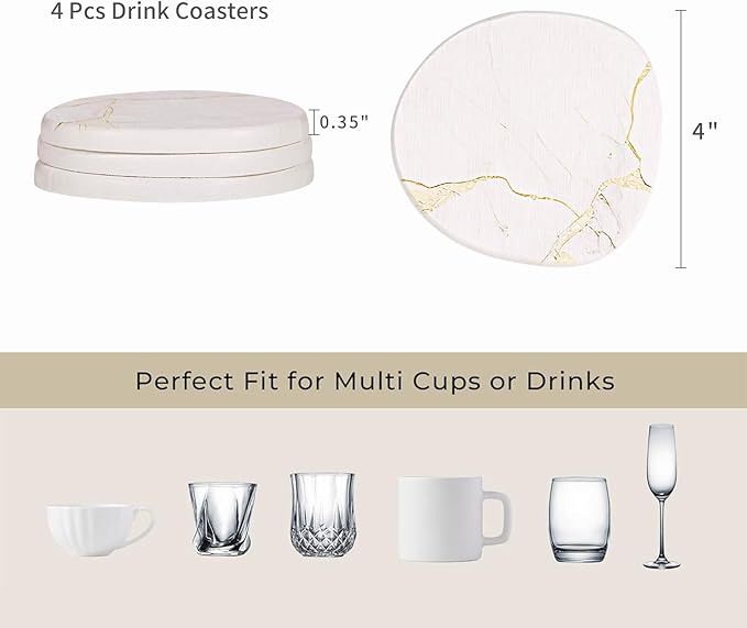 Diatomaceous Earth Coasters Set of 4，Super Absorbent Quick-Dry Heat-Resistant Drink and Coffee Coasters, Modern Stone Irregular Design for Kitchen Counter and Coffee Table (White Coaster)