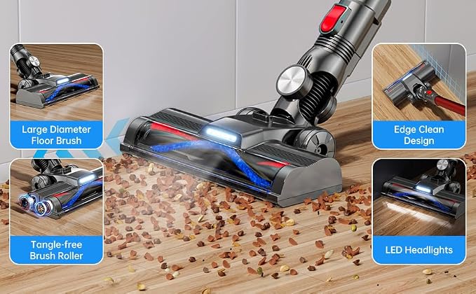Cordless Vacuum Cleaner for Home, Red, 45 Min Runtime, LED Headlights, 2-Speed, Telescopic Tube, Powerful Suction, Rechargeable, Lightweight & Versatile Household Essentials Stick Vacuum Cordless