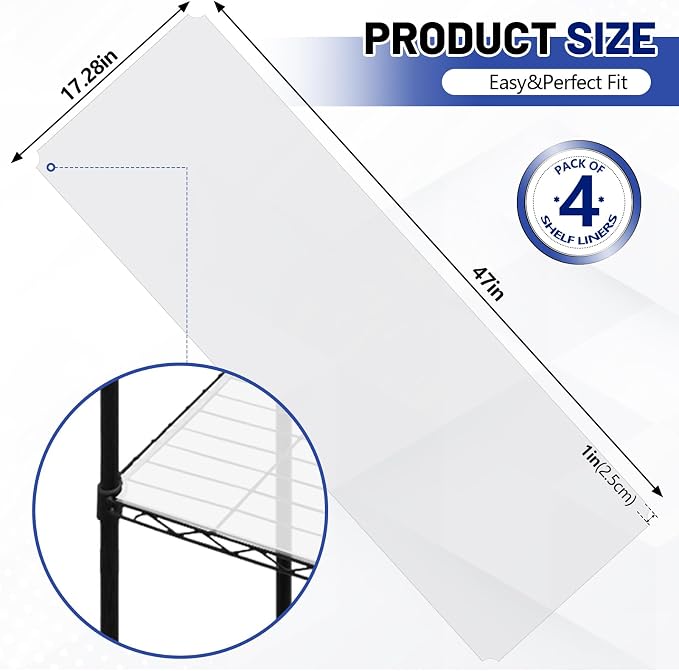 Sliner 4 Pack 18 x 48 Inch Wire Shelf Liner Clear Plastic Waterproof Liners for Organizing Metal Rack Shelves, Kitchen Cabinets, Cupboard, Pantry