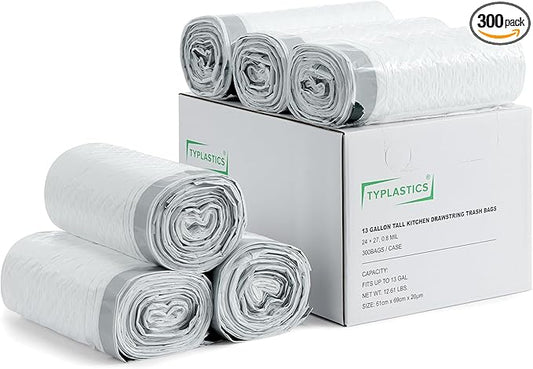 TYPLASTICS FleTex Tall Kitchen 13 Gallon Drawstring Trash Bags, 300 Bags, 24in x 27in, Unscented, White, Wholesale Pack (Heavy duty, 300 Count)