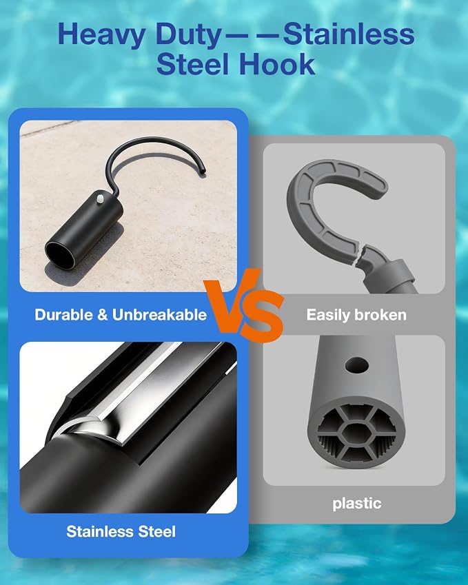 Pool Hook with Pole, 16FT Pool Pole Telescopic with Stainless Steel Hook, Retrieval Hooks for All Robotic Pools Cleaner, Robot Hooks for Heavy Duty Telescoping Poles, Above Ground and Underwater