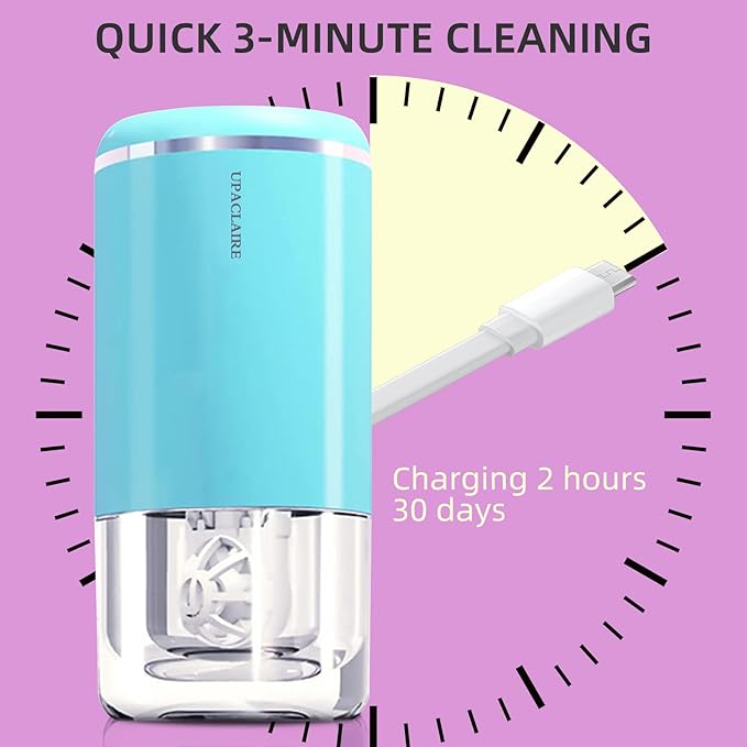 Portable Ultrasonic Contact Lens Cleaner with USB Charger and Solution Soak Case - Soft, Colored, Blue