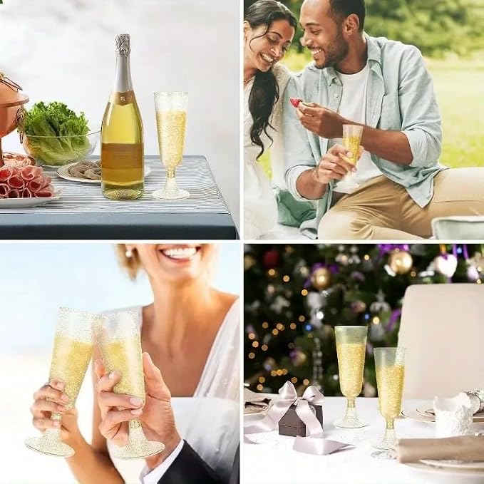 25 Pack Plastic Champagne Flutes 5.5oz Gold Glitter Disposable Suitable for Wedding, Birthday Party, Thanksgiving Day, Christmas Supplies