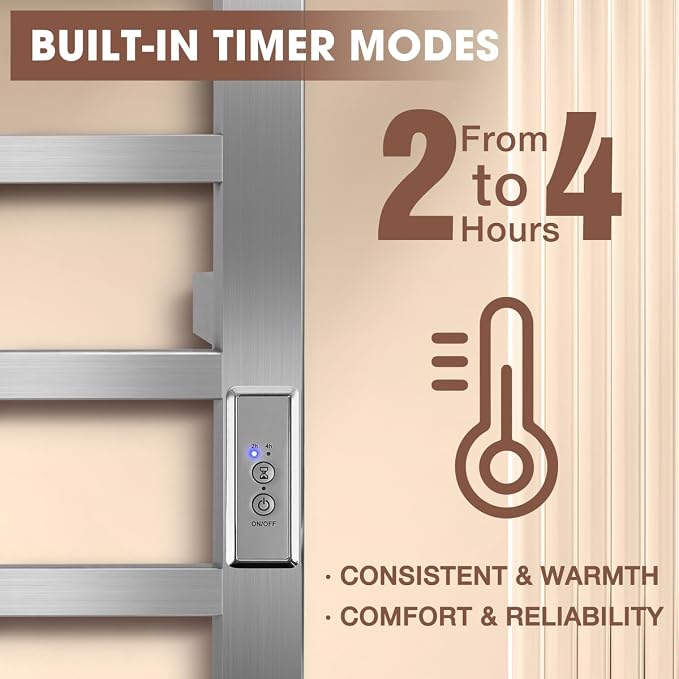 Towel Warmer Rack, Heated Towel Racks for Bathroom Wall Mounted 5 Bar Stainless Steel Warmers Rack, Plug-in, Built-in Timer, Fast Heating, Brushed Nickel