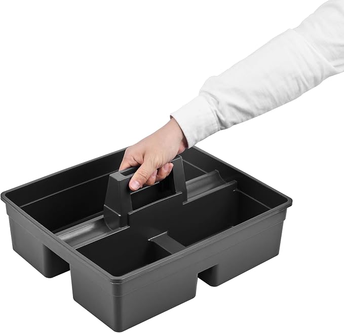 Restaurantware-RW Clean 15.2 x 13.2 x 6.7 Inch Cleaning Caddy, 1 Triple Compartment Cleaning Supply Caddy - With Handle, Crack-Resistant, Black Plastic Cleaning Basket, For Cleaning Supplies,