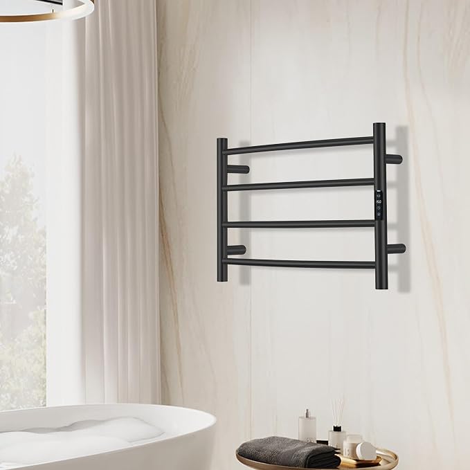 Electric Towel Rack with Voice Control for Alexa & Google Home,TUYA - Wall-Mounted Bathroom Heating Towel Warmer,Plug-in,Stainless Steel Material,16.54x23.62x5.51 in,Black,4 Bars