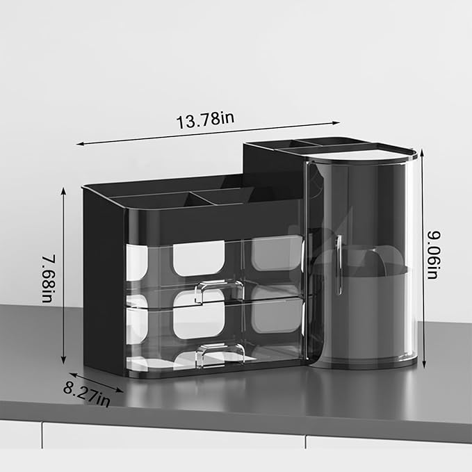 Makeup Storage Box Mesh, Makeup Organizer For Vanity, Cosmetic Display Cases With Transparent Cover, Drawers, Dustproof, Portable Handle, For Vanity, Dresser, Countertop (Blak)