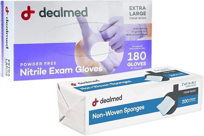 Dealmed Non-Woven Gauze Sponge and Nitrile Exam Gloves Bundle | Includes 200 Count Box of 2"x2" Gauze Sponges & 180 Count X-Large Nitrile Exam Gloves